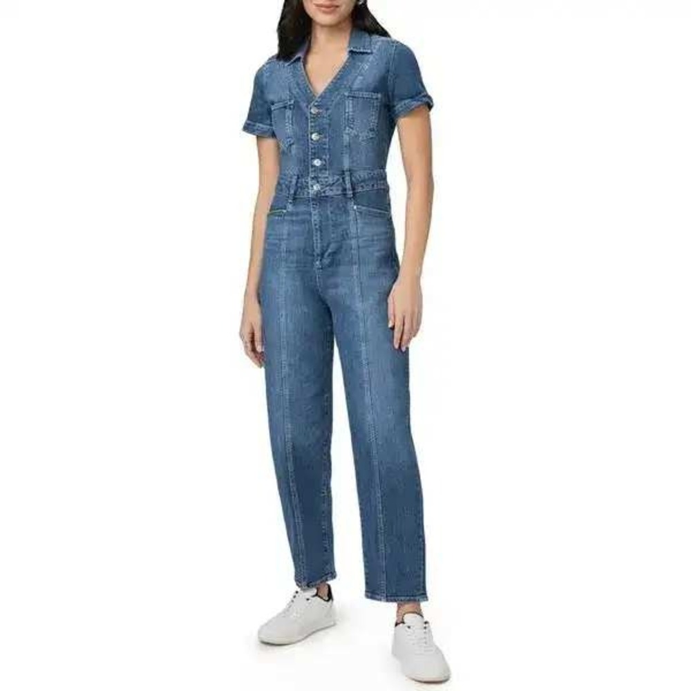 PAIGE Alexis Barrel Leg Denim Jumpsuit 10 Boiler Suit Jeans Seams Short Sleeves
